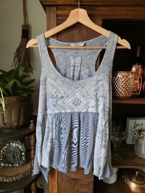UPCYCLED Grey Oversized Womens Boho Sleeveless Tank Top w Lace Back Detail, s/m